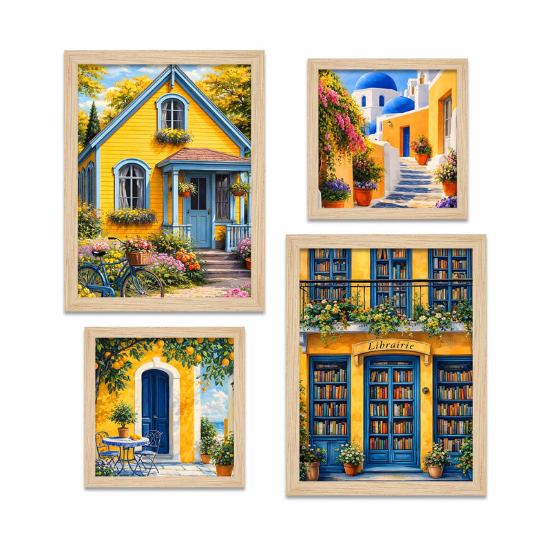 Cottage Cafe Bookstore European Street Wall Frame Set of Four