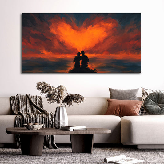 Couple Sitting Under Heart Shaped Clouds Premium Wall Painting