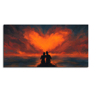 Couple Sitting Under Heart Shaped Clouds Premium Wall Painting