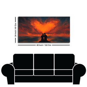 Couple Sitting Under Heart Shaped Clouds Premium Wall Painting