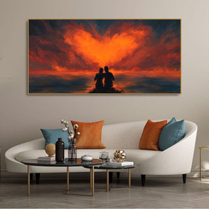 Couple Sitting Under Heart Shaped Clouds Premium Wall Painting