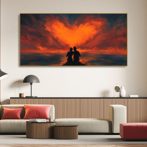 Couple Sitting Under Heart Shaped Clouds Premium Wall Painting