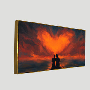 Couple Sitting Under Heart Shaped Clouds Premium Wall Painting