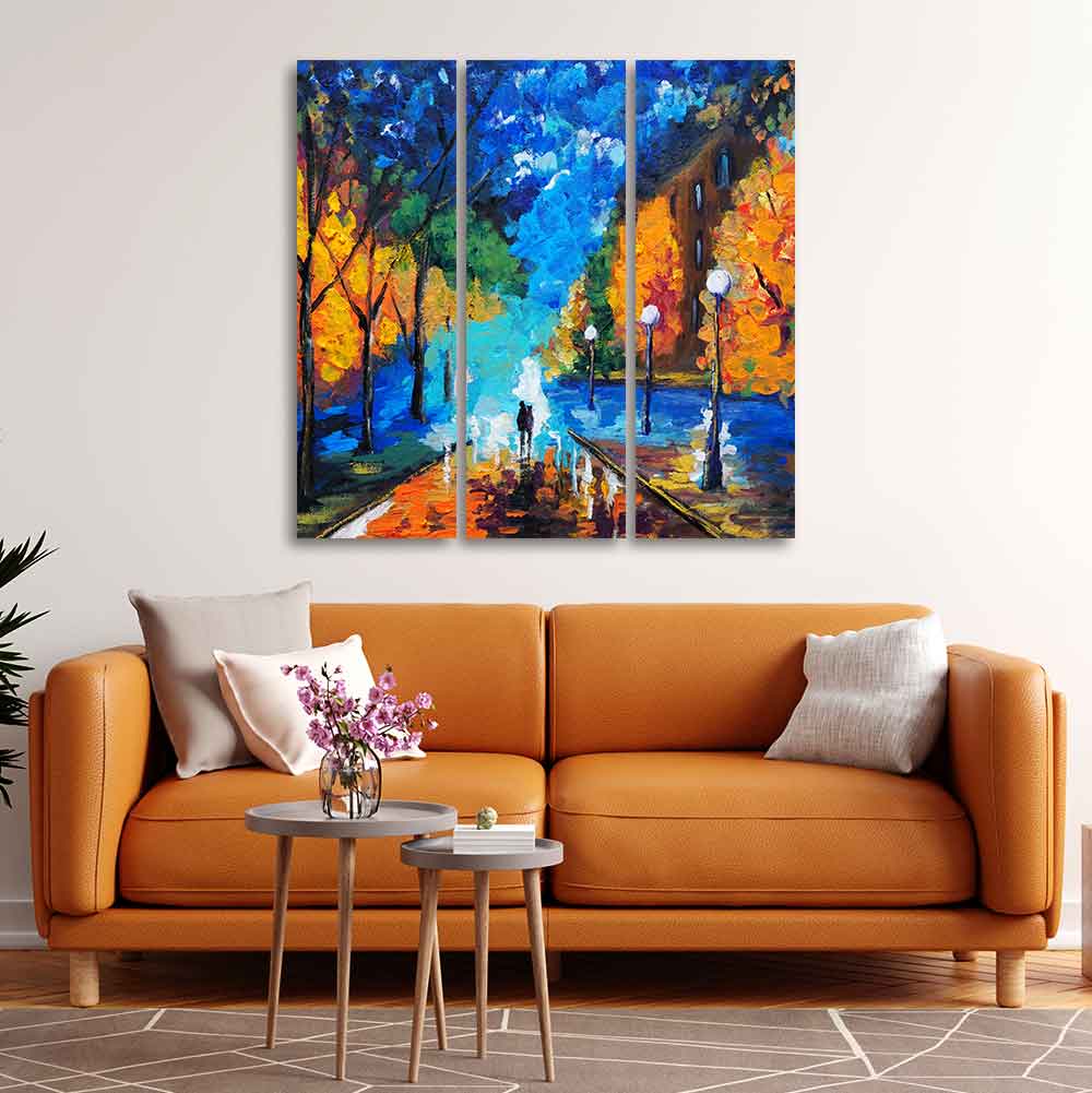 Couple Walking in City Park Canvas Wall Painting of 3 Pieces