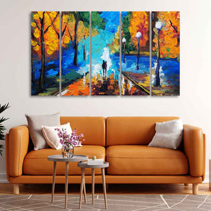 Couple Walking in City Park Canvas Wall Painting of 5 Pieces