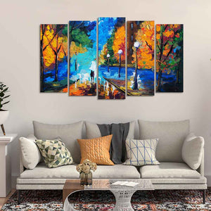 Couple Walking in City Park Canvas Wall Painting Set of Five