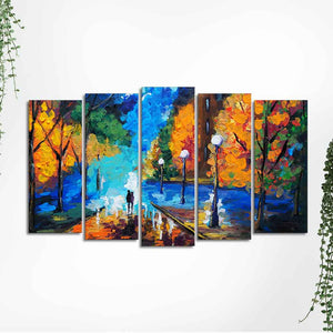 Couple Walking in City Park Canvas Wall Painting Set of Five