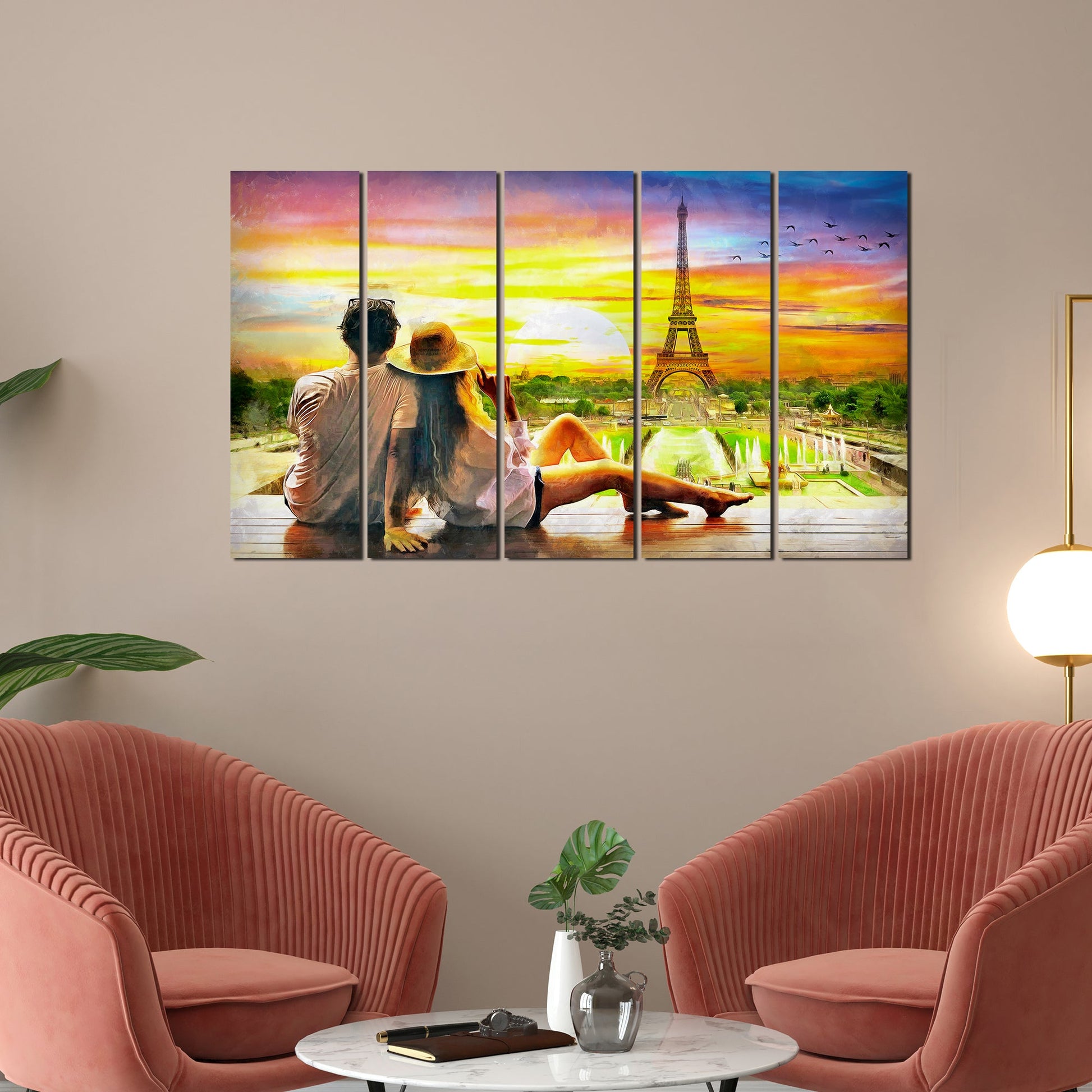 Couple Watching Sunset Paris Canvas Wall Painting 5 Pieces