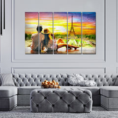 Couple Watching Sunset Paris Canvas Wall Painting 5 Pieces