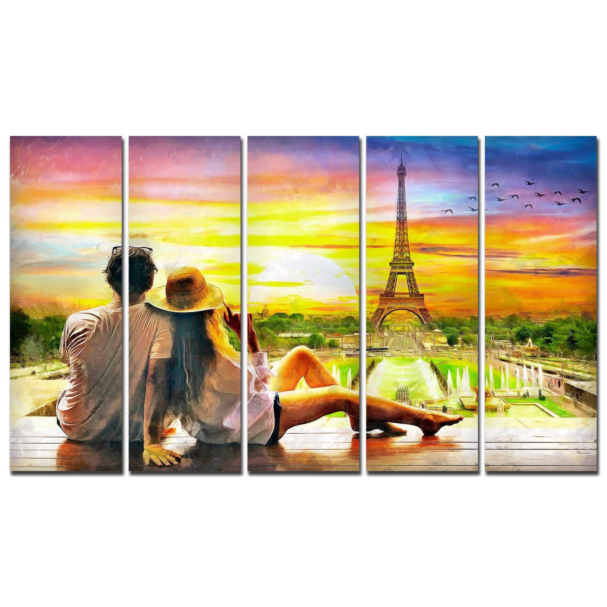 Couple Watching Sunset Paris Canvas Wall Painting 5 Pieces