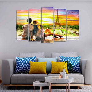 Couple Watching Sunset Paris Canvas Wall Painting of Five Pieces