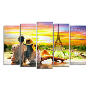 Couple Watching Sunset Paris Canvas Wall Painting of Five Pieces