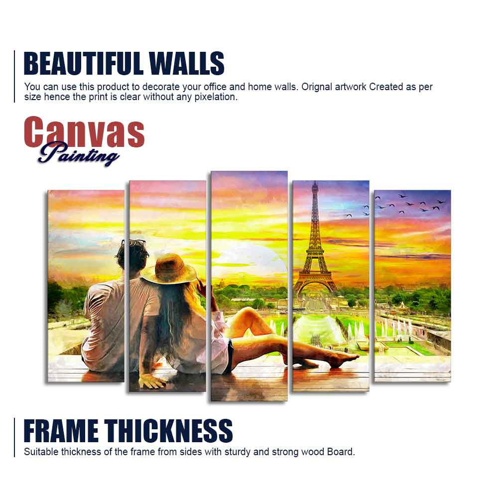 Couple Watching Sunset Paris Canvas Wall Painting of Five Pieces