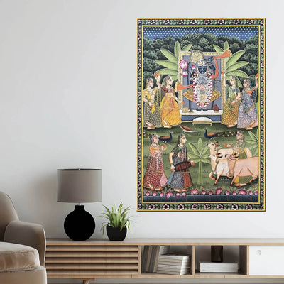 Cow Peacocks & Gopika Worship Sacred Lord Shrinathji Pichwai Canvas Wall Painting