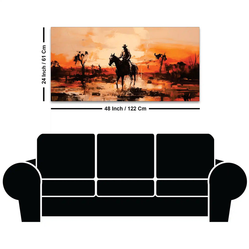 Cowboy Riding Horse at Sunset Rustic Western Style Abstract Canvas Wall Painting