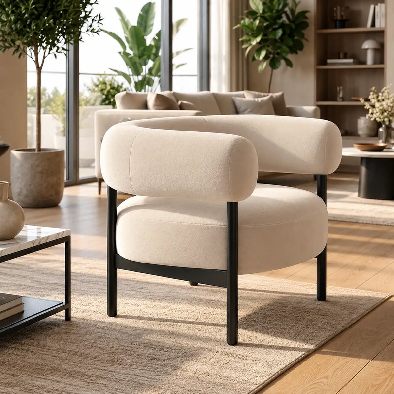 Cream Boucle Accent Lounge Chair with Rounded Backrest