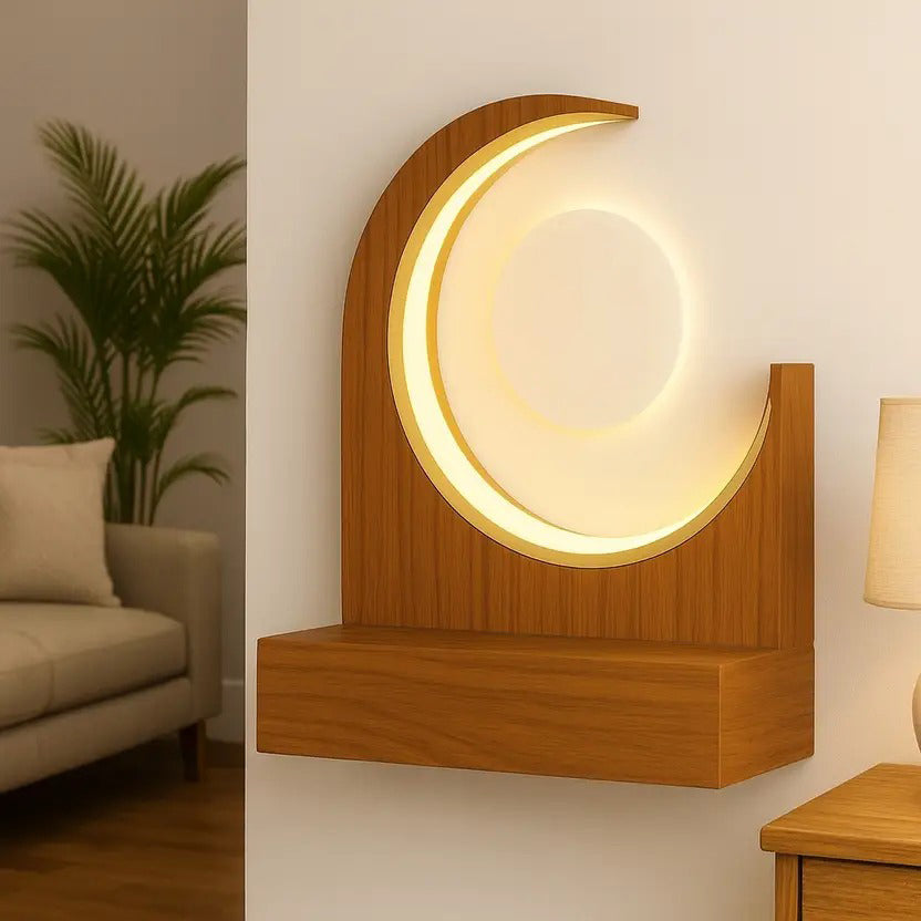 Crescent Moon Design Wall Mounted Wooden Temple for Home & Office