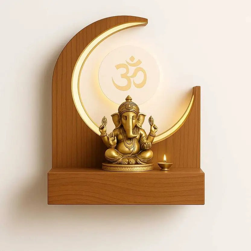 Crescent Moon Design Wall Mounted Wooden Temple with Om LED Panel for Home & Office