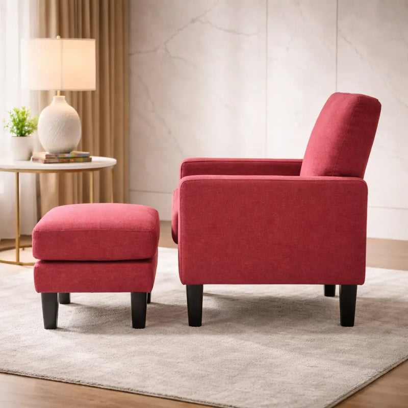 Crimson Red Standard Velvet Comfy Accent Chair with Footrest