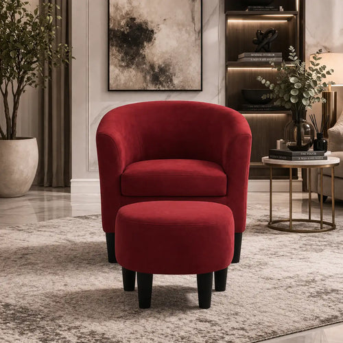 Brick Red Comfy Round Back Rich Velvet Accent Chair with Footrest