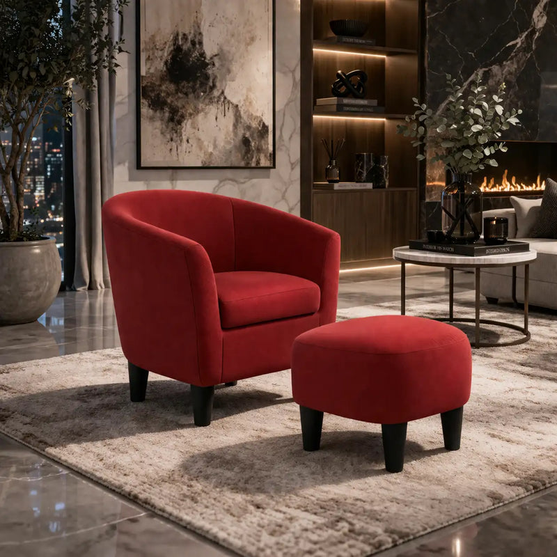 Brick Red Comfy Round Back Rich Velvet Accent Chair with Footrest