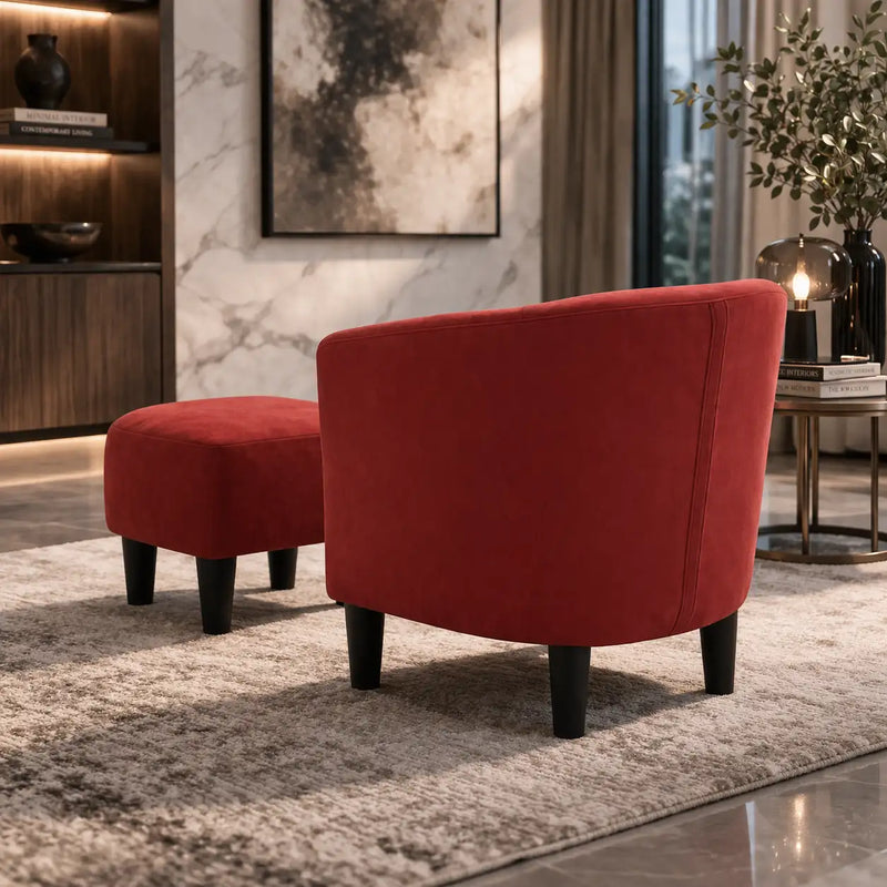 Brick Red Comfy Round Back Rich Velvet Accent Chair with Footrest