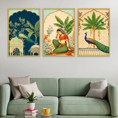 Cultural Indian Floral Canvas Wall Painting Set of Three