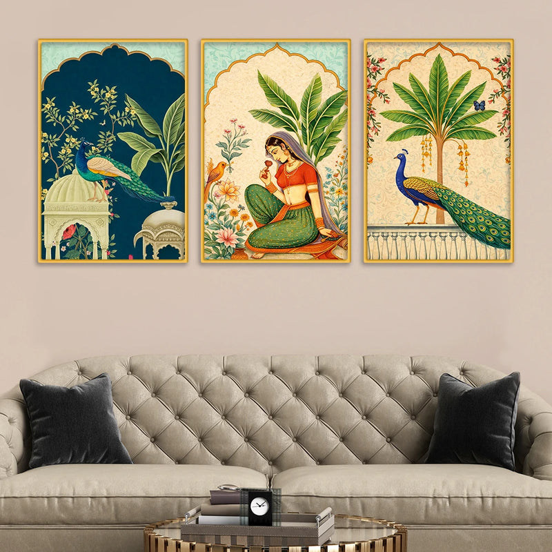 Cultural Indian Floral Canvas Wall Painting Set of Three