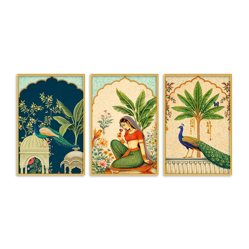 Cultural Indian Floral Canvas Wall Painting Set of Three