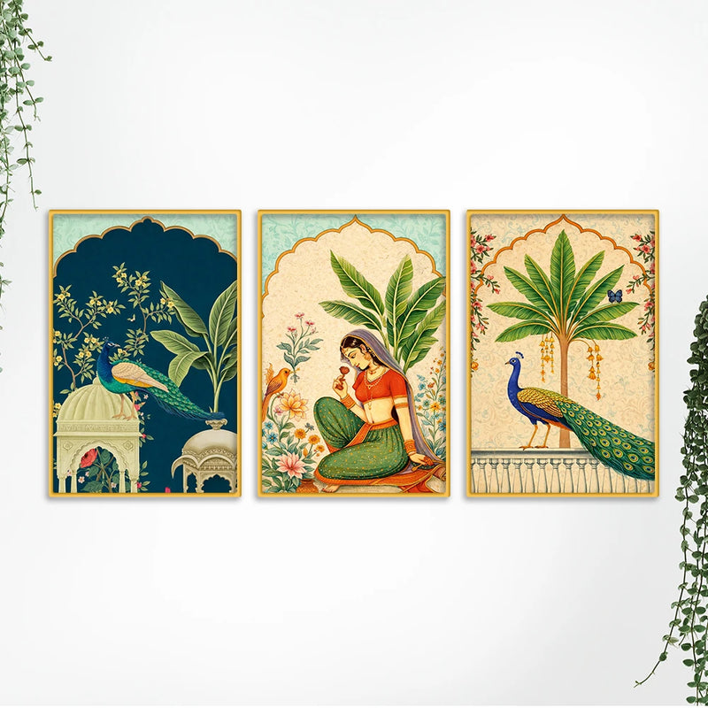 Cultural Indian Floral Canvas Wall Painting Set of Three