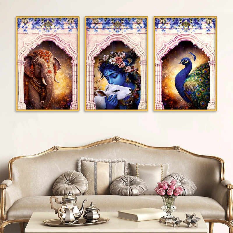 Cultural Indian Krishna Canvas Wall Painting Set of Three