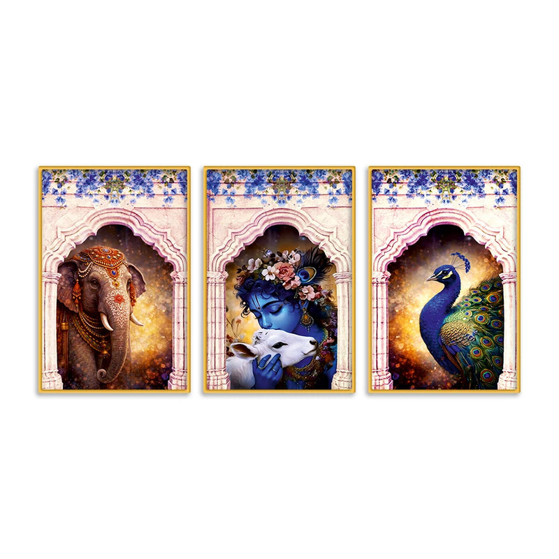 Cultural Indian Krishna Canvas Wall Painting Set of Three