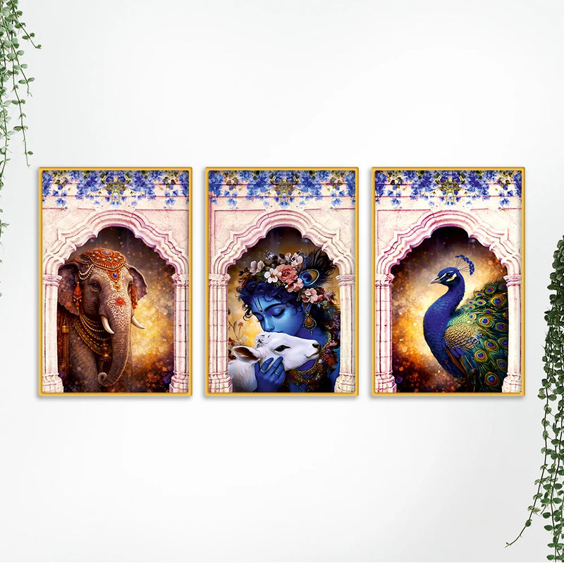 Cultural Indian Krishna Canvas Wall Painting Set of Three