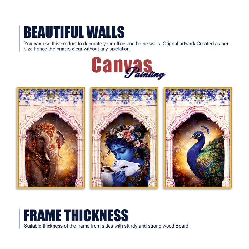 Cultural Indian Krishna Canvas Wall Painting Set of Three