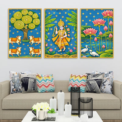 Cultural Indian Pichwai Canvas Wall Painting Set of Three