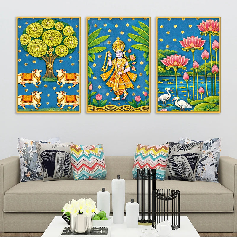 Cultural Indian Pichwai Canvas Wall Painting Set of Three