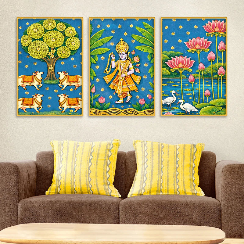 Cultural Indian Pichwai Canvas Wall Painting Set of Three