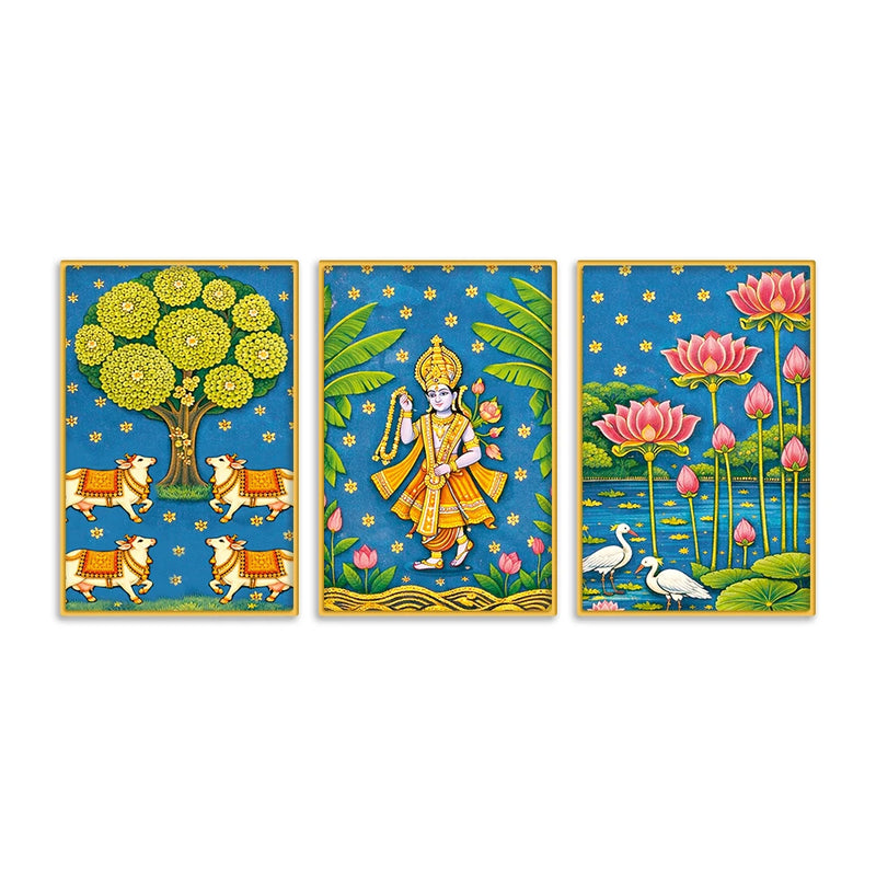 Cultural Indian Pichwai Canvas Wall Painting Set of Three
