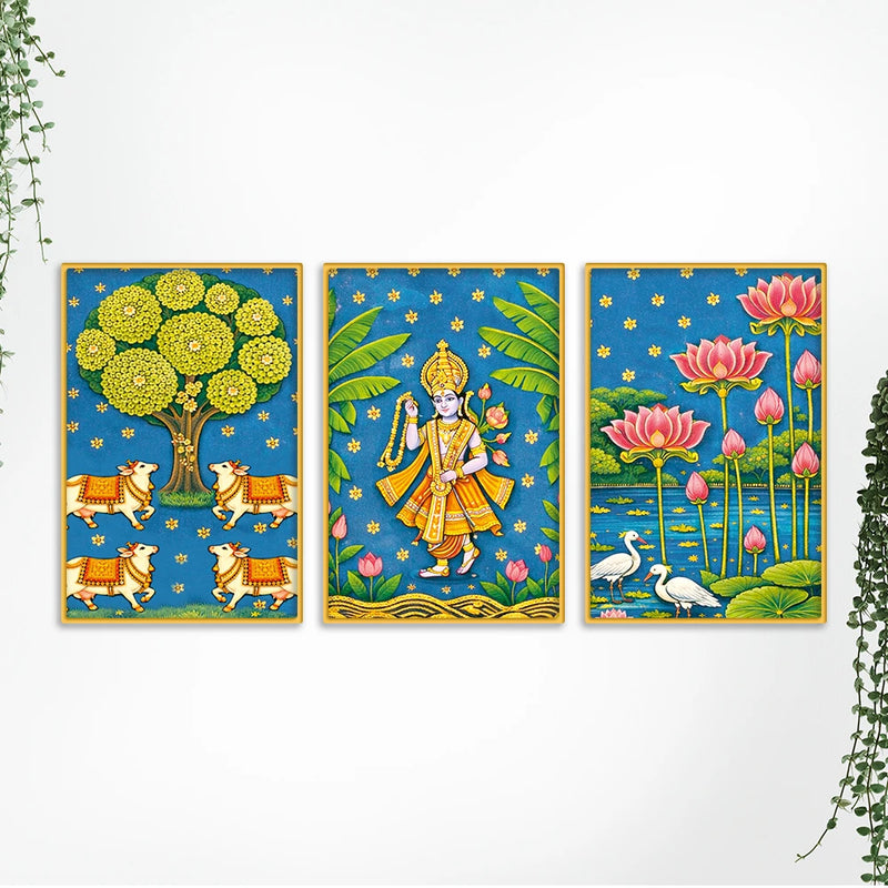 Cultural Indian Pichwai Canvas Wall Painting Set of Three
