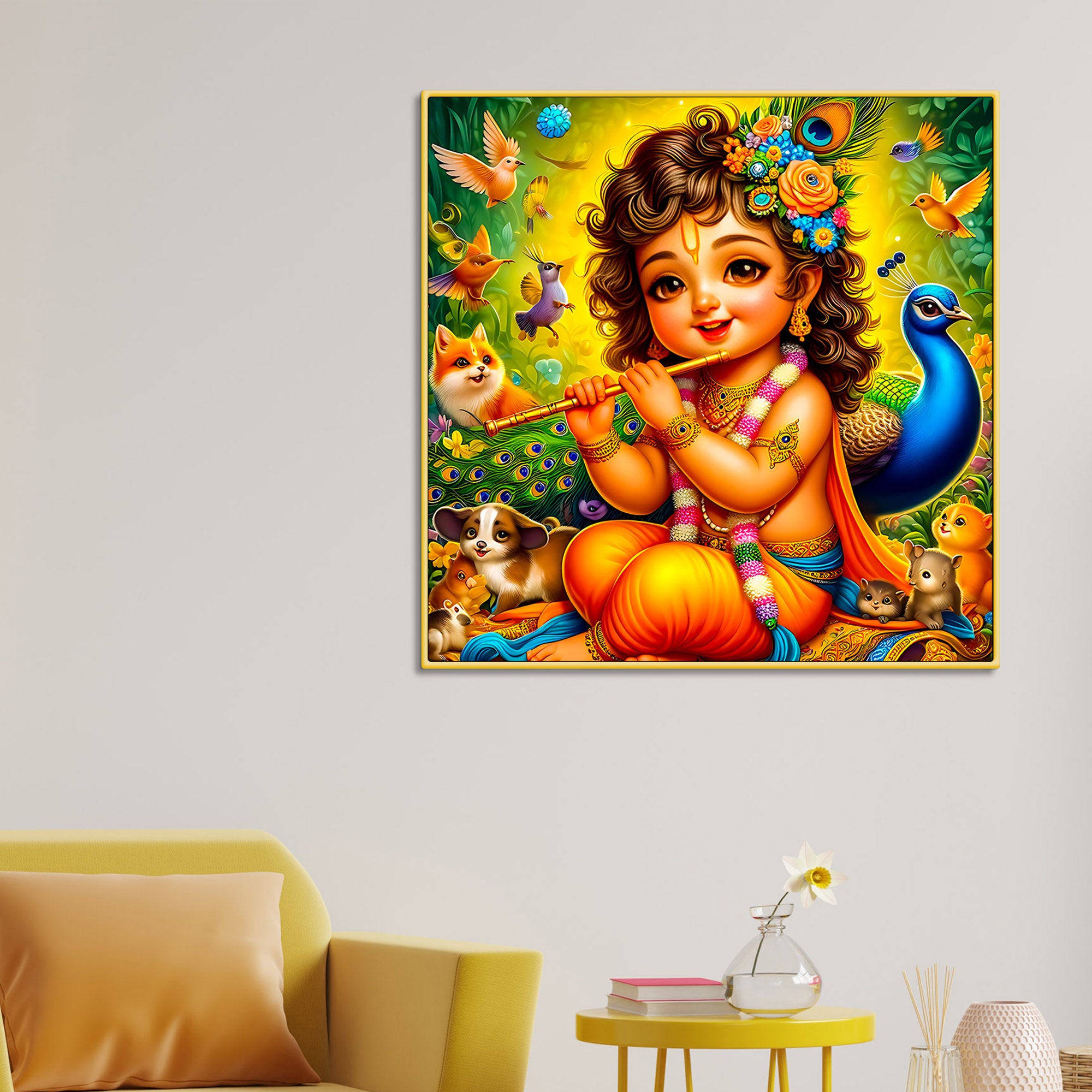 Cute Bal Krishna Playing Flute Spiritual Abstract Canvas Wall Painting