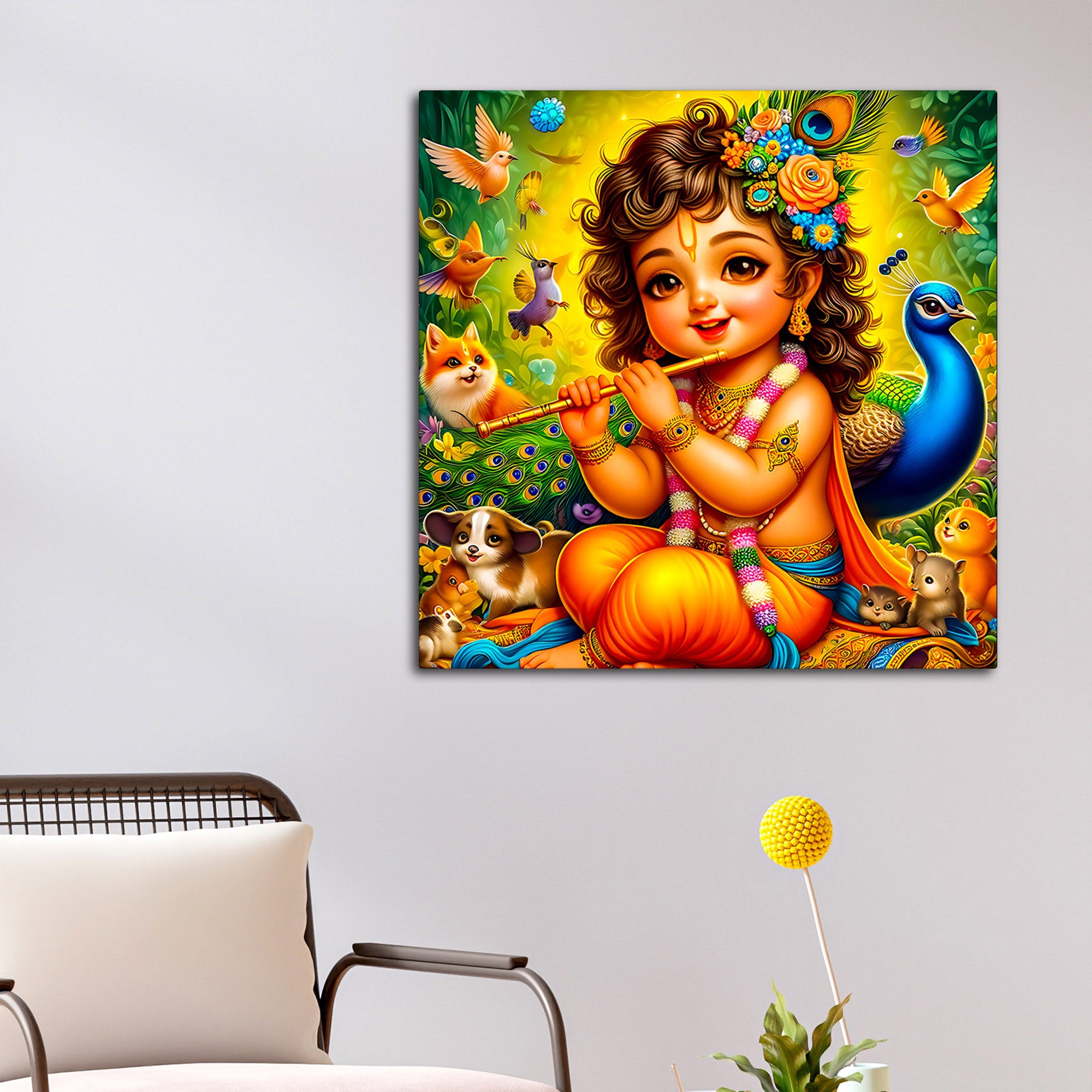Cute Bal Krishna Playing Flute Spiritual Abstract Canvas Wall Painting