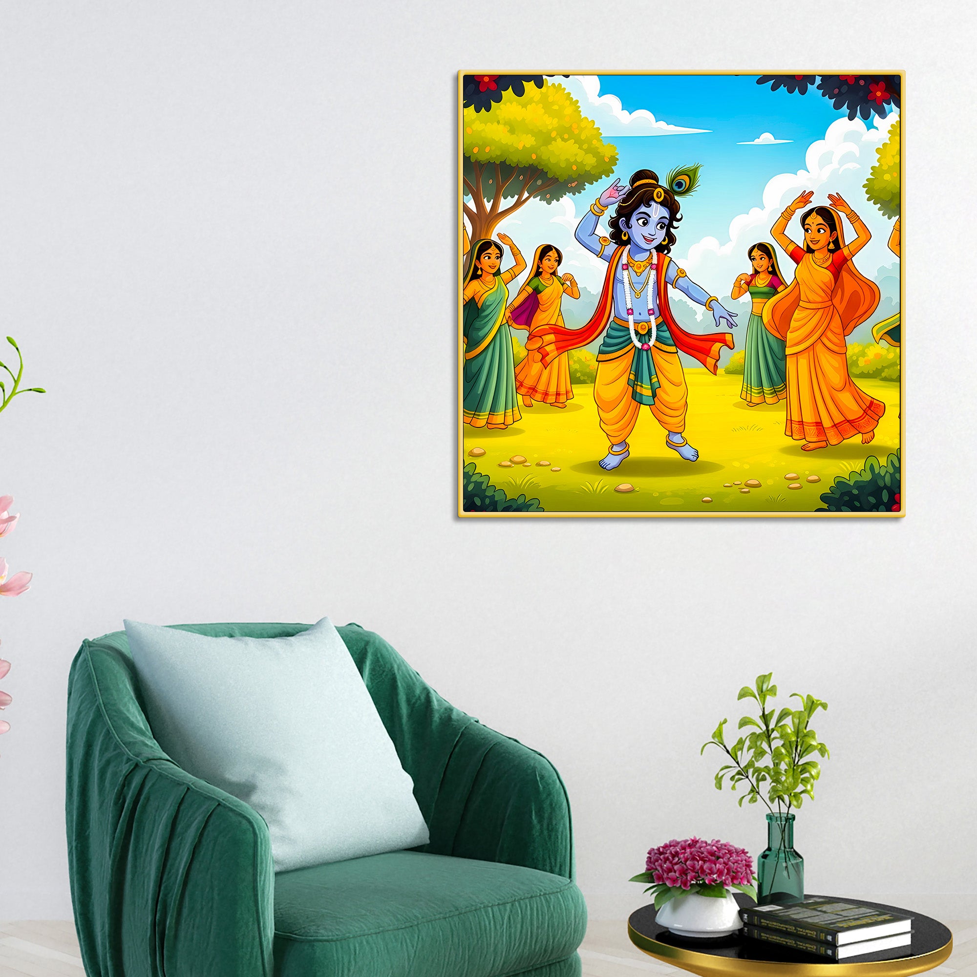 Cute Bal Krishna with Gopis Canvas Wall Painting for Home Decor– Modern Spiritual Canvas Wall Painting