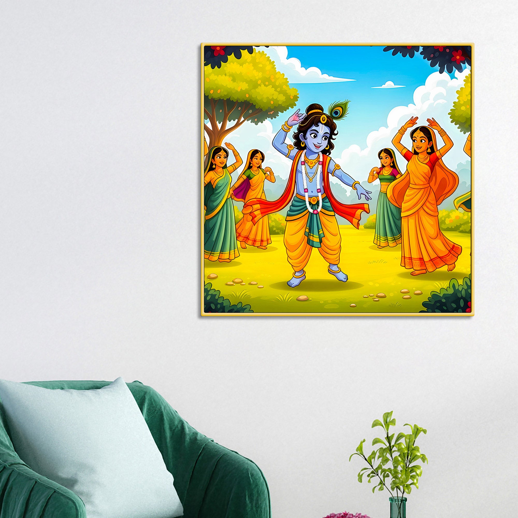 cute-bal-krishna-with-gopis-canvas-wall-painting-for-home-decor-modern-spiritual-canvas-wall-painting