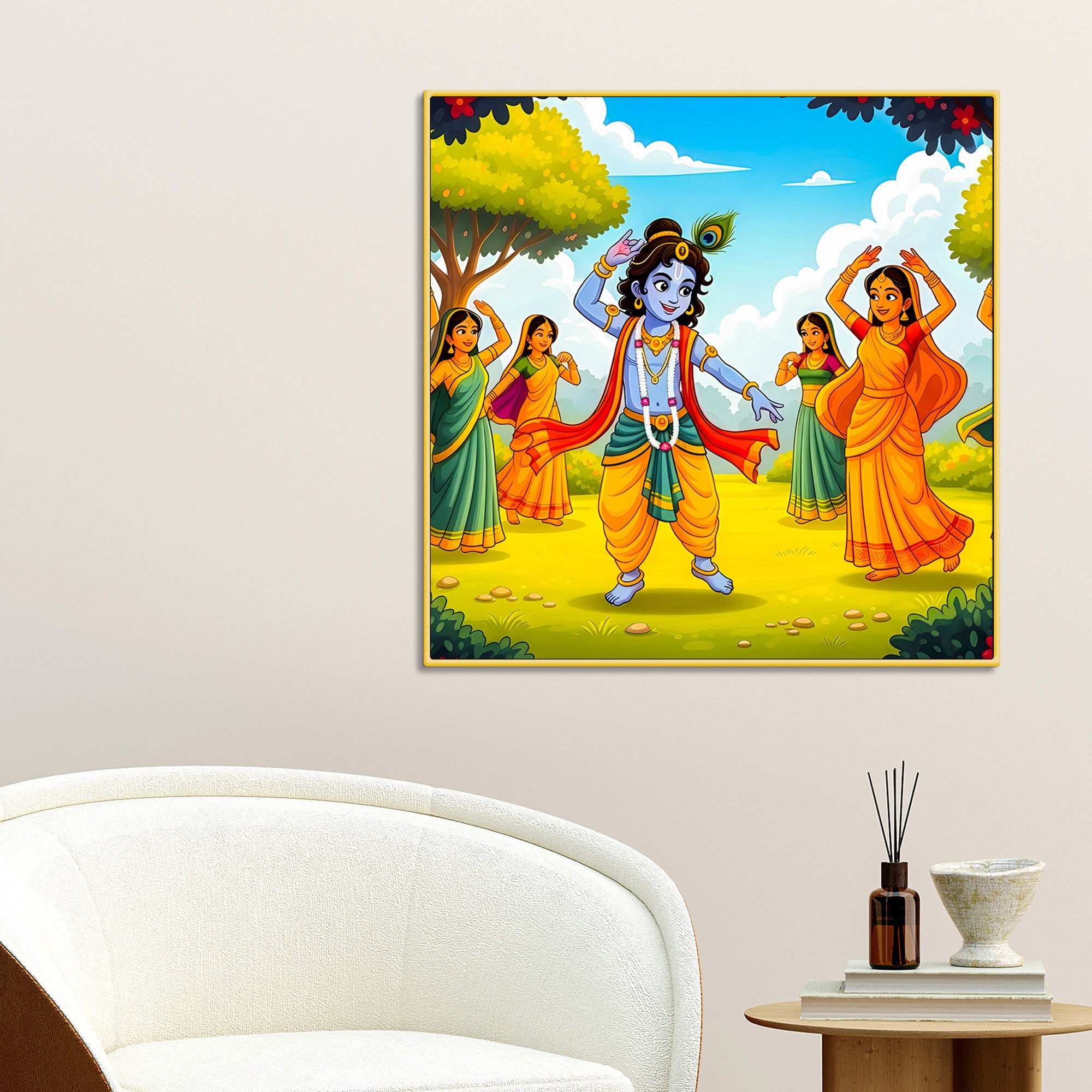 Cute Bal Krishna with Gopis Canvas Wall Painting for Home Decor– Modern Spiritual Canvas Wall Painting