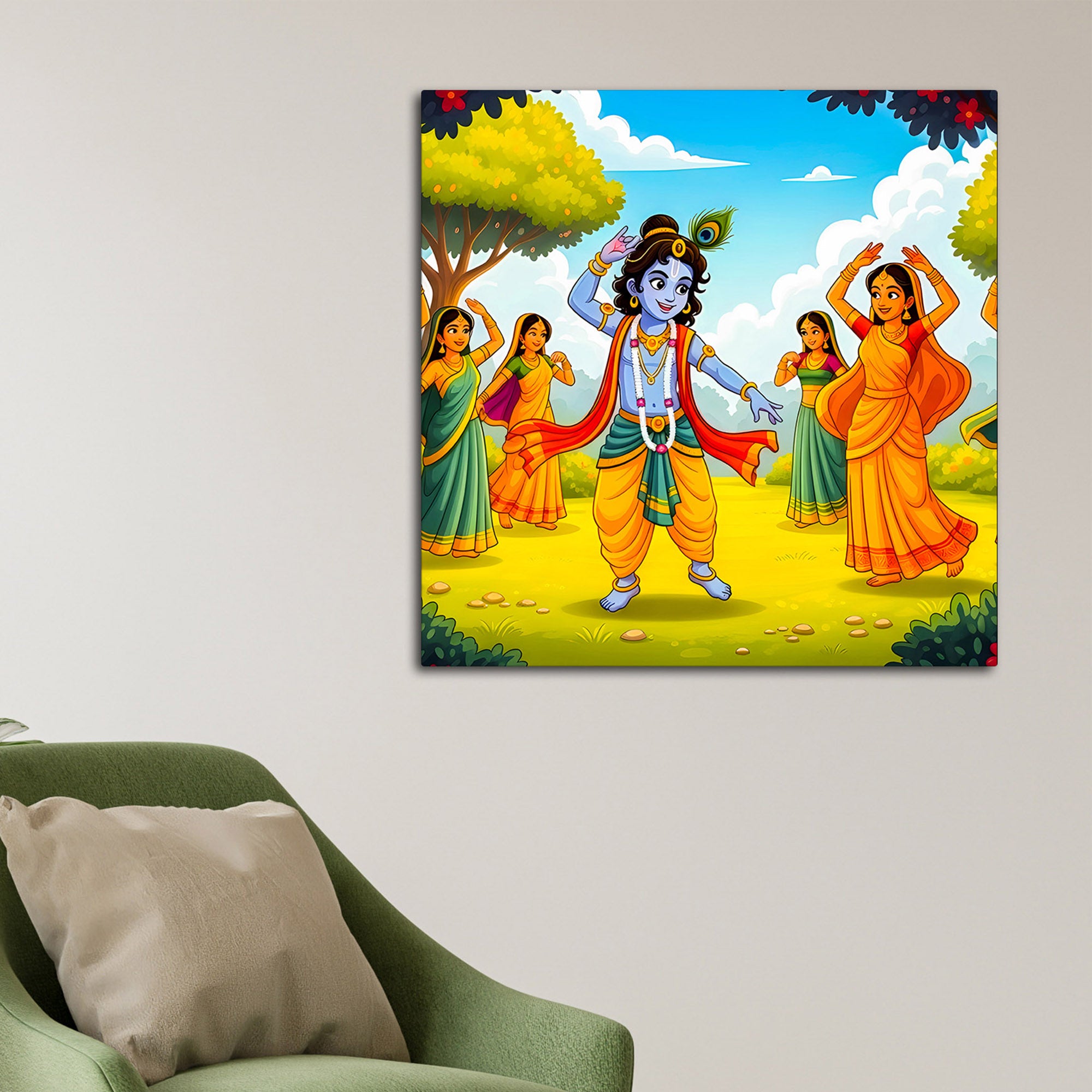 Cute Bal Krishna with Gopis Canvas Wall Painting for Home Decor– Modern Spiritual Canvas Wall Painting
