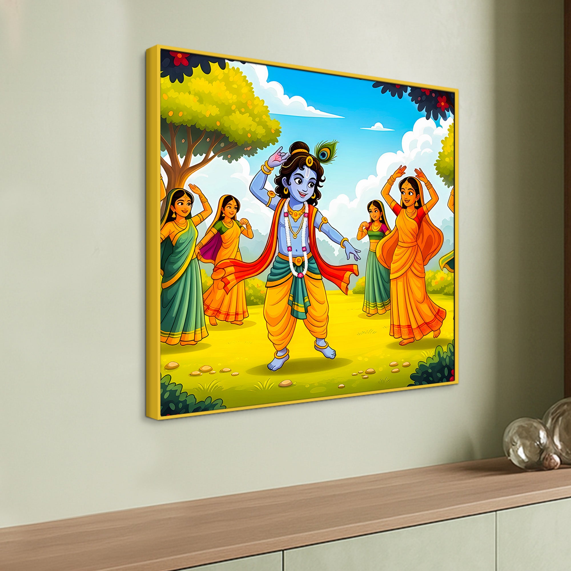 Cute Bal Krishna with Gopis Canvas Wall Painting for Home Decor– Modern Spiritual Canvas Wall Painting