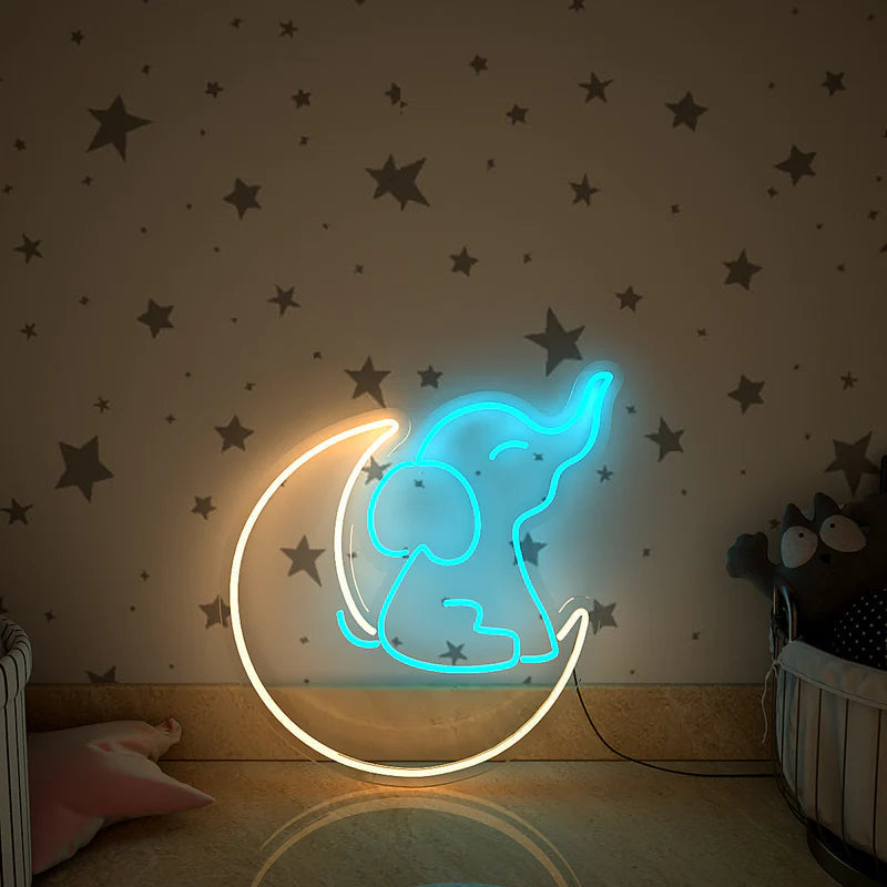 Cute Elephant on Moon Neon LED Light