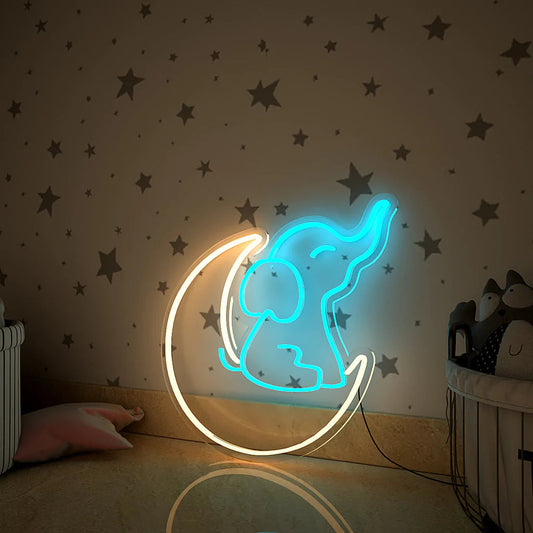 Cute Elephant on Moon Neon LED Light