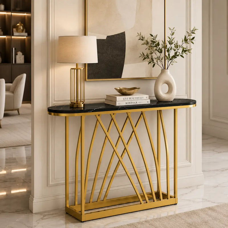 D-End Black Marble Gold Designer Base Console Table