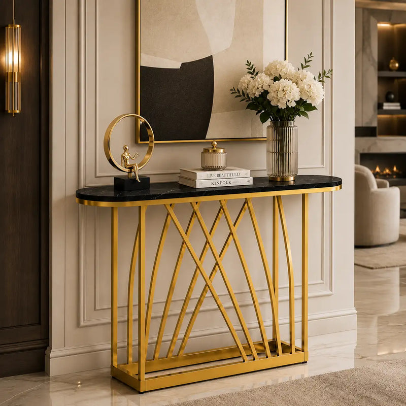 D-End Black Marble Gold Designer Base Console Table
